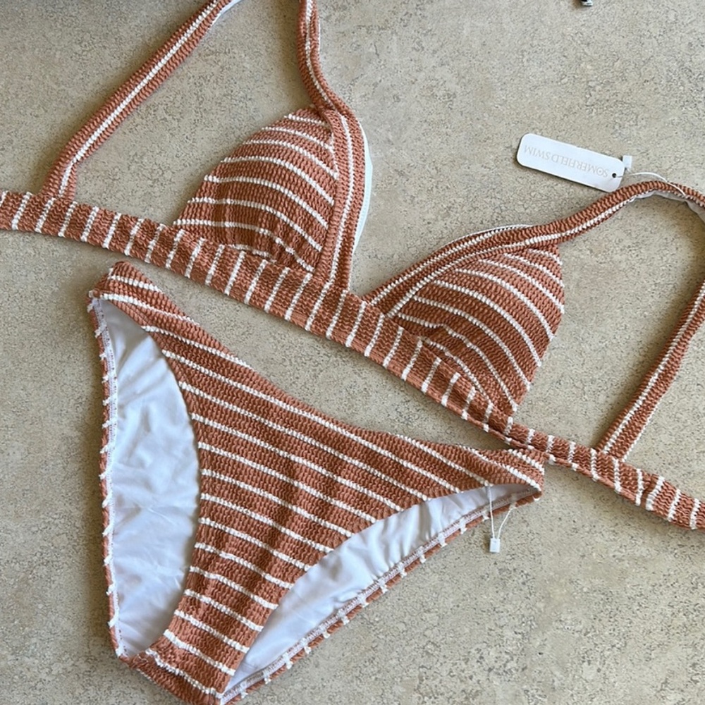 Summerfield swim terra-cotta striped crinkle two piece bikini NWT Nautique.